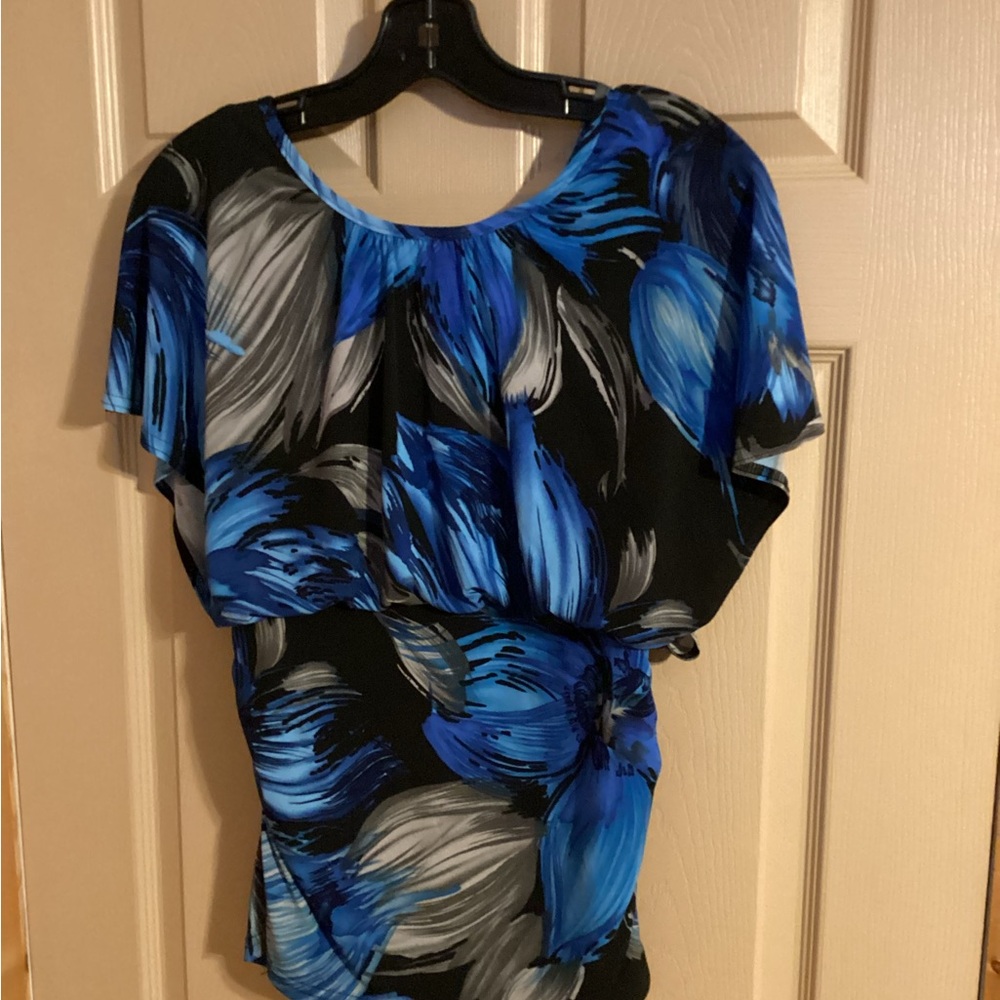 Suzy Shier Vibrant Blue and Black Floral Blouse